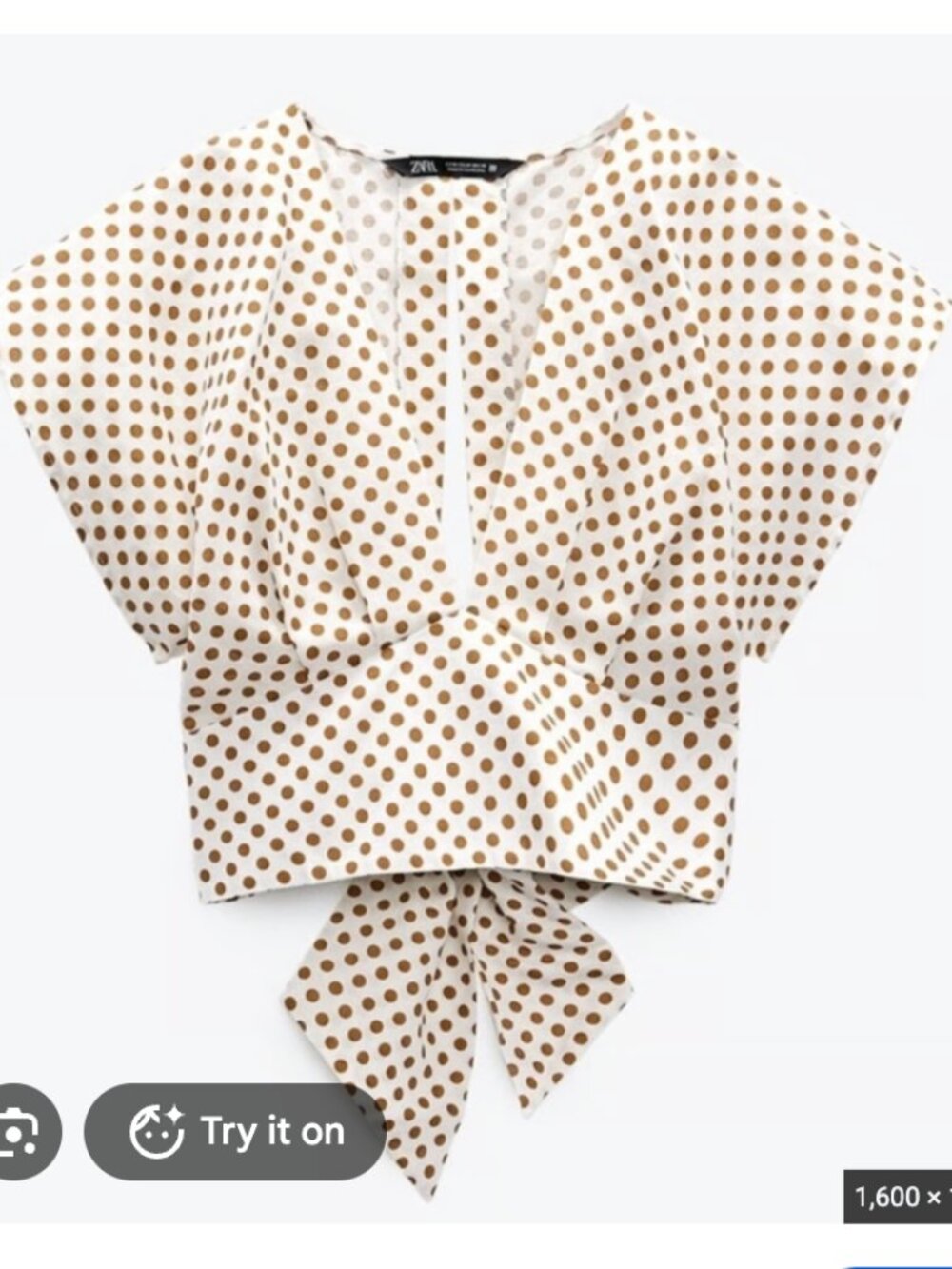 ZARA Linen Blend Polka Dot Crop Deep V Neck Tie Back Blouse Top White Mustard M - Picture 2 of 8